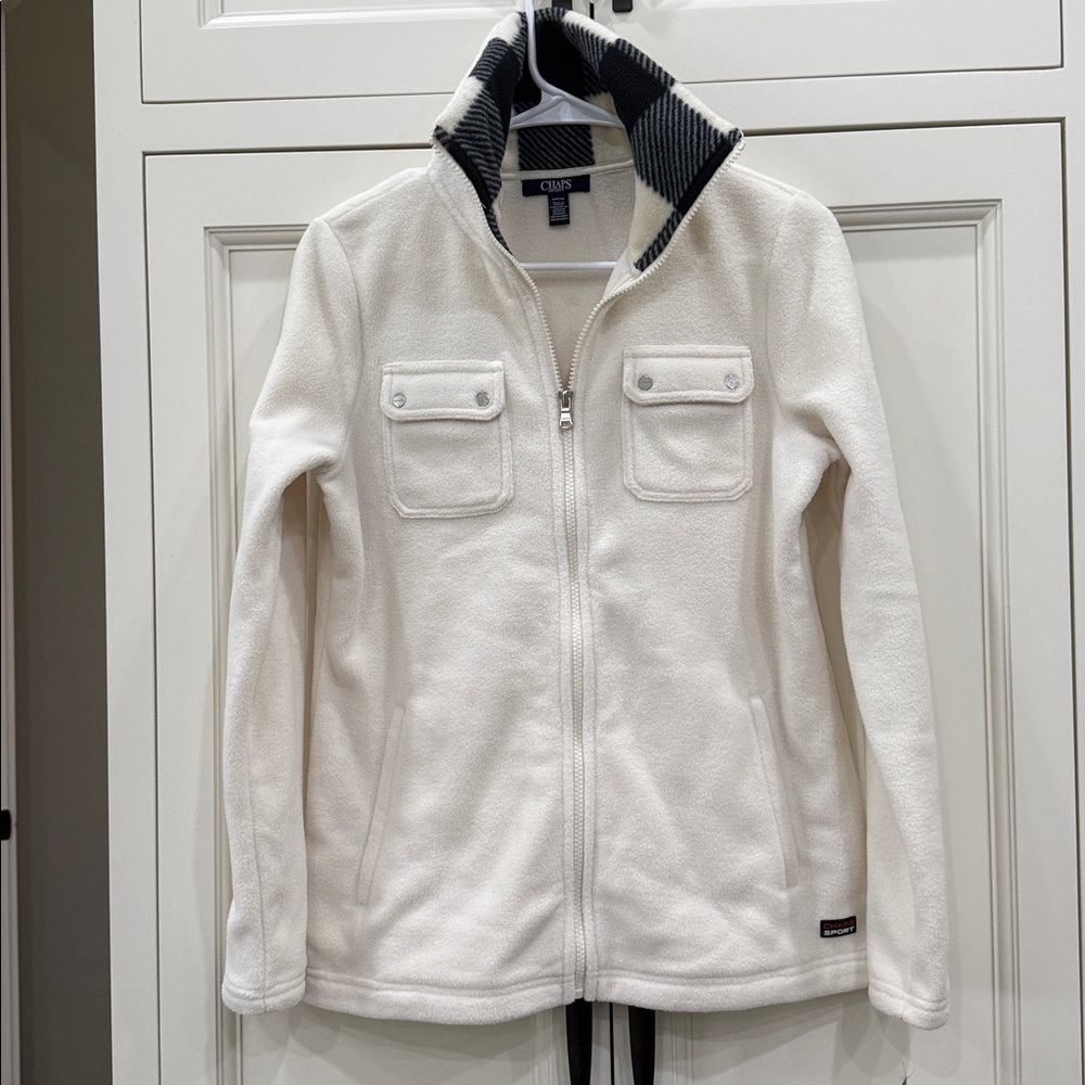 Chaps Sport Womenβs Small Cream/Black Collared Zip Up Fleece Jacket. NWT.